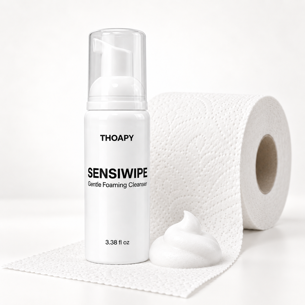 SENSIWIPE bottle beside a toilet roll with white cleansing foam
