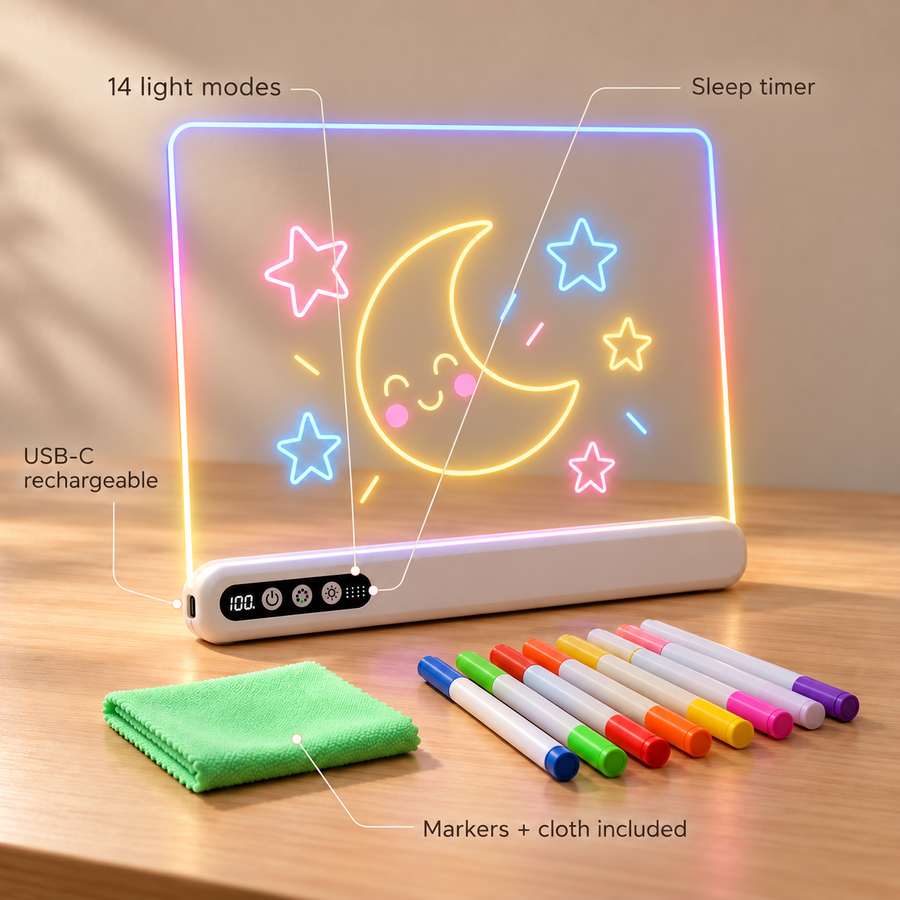 LUMI DRAW LED drawing board glowing with a moon drawing in a cozy room at night