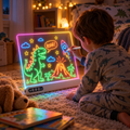 Child in pajamas drawing a glowing dinosaur on the LUMI DRAW LED drawing board in a cozy bedroom at night