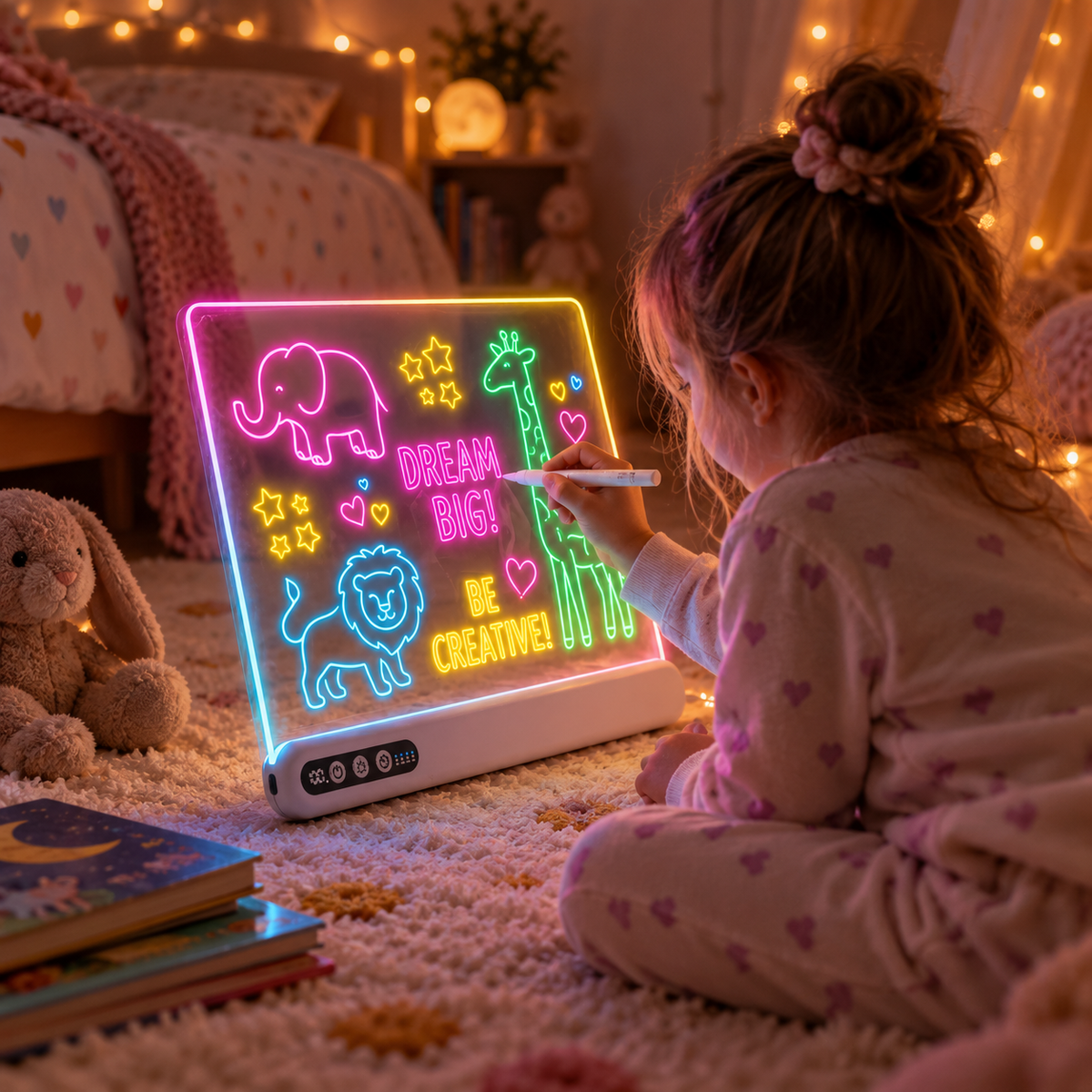 Young girl drawing on the glowing LUMI DRAW board in her bedroom