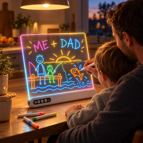 Dad and son drawing a glowing fishing picture together on the LUMI DRAW board at the kitchen table