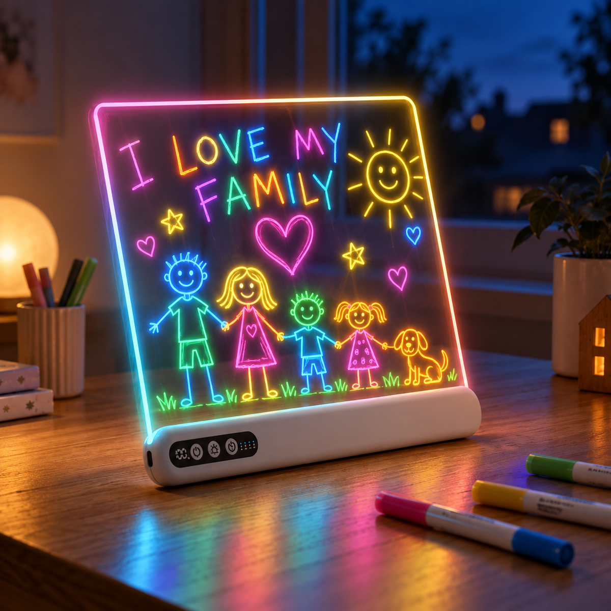 LUMI DRAW board glowing with an I Love My Family stick-figure drawing on a desk at dusk